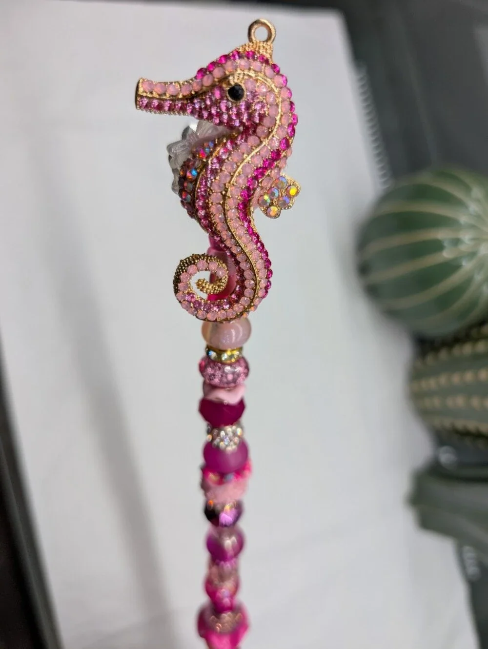 Hand Made Fairy Wand/Plant/Garden Stake W/Sparkly Pink Enamel Seahorse